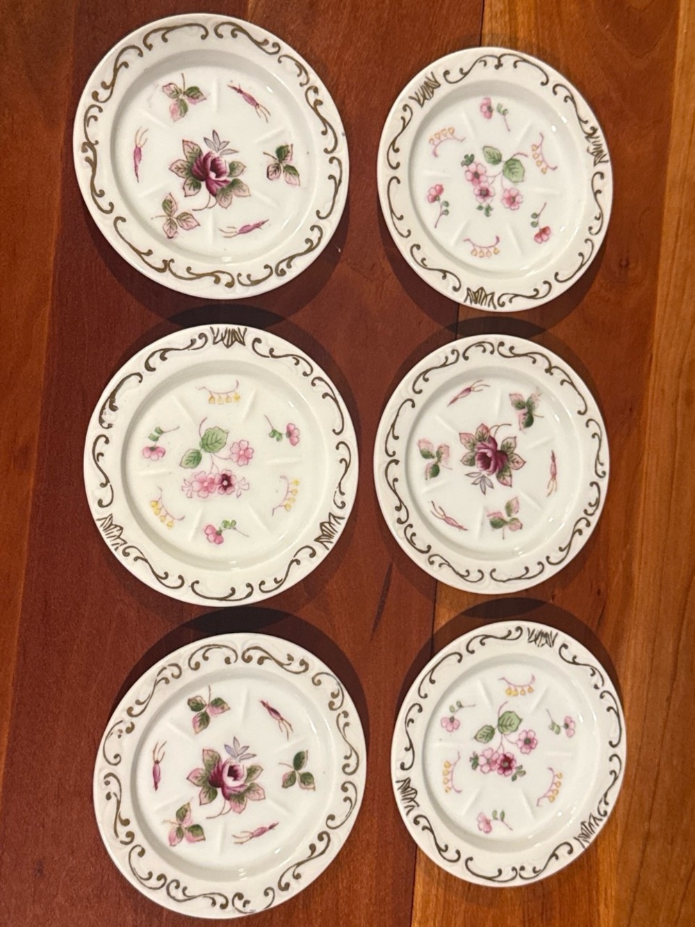 Vintage Set of 6 White Porcelain Dessert Plates with Pink Floral and Gold Trim